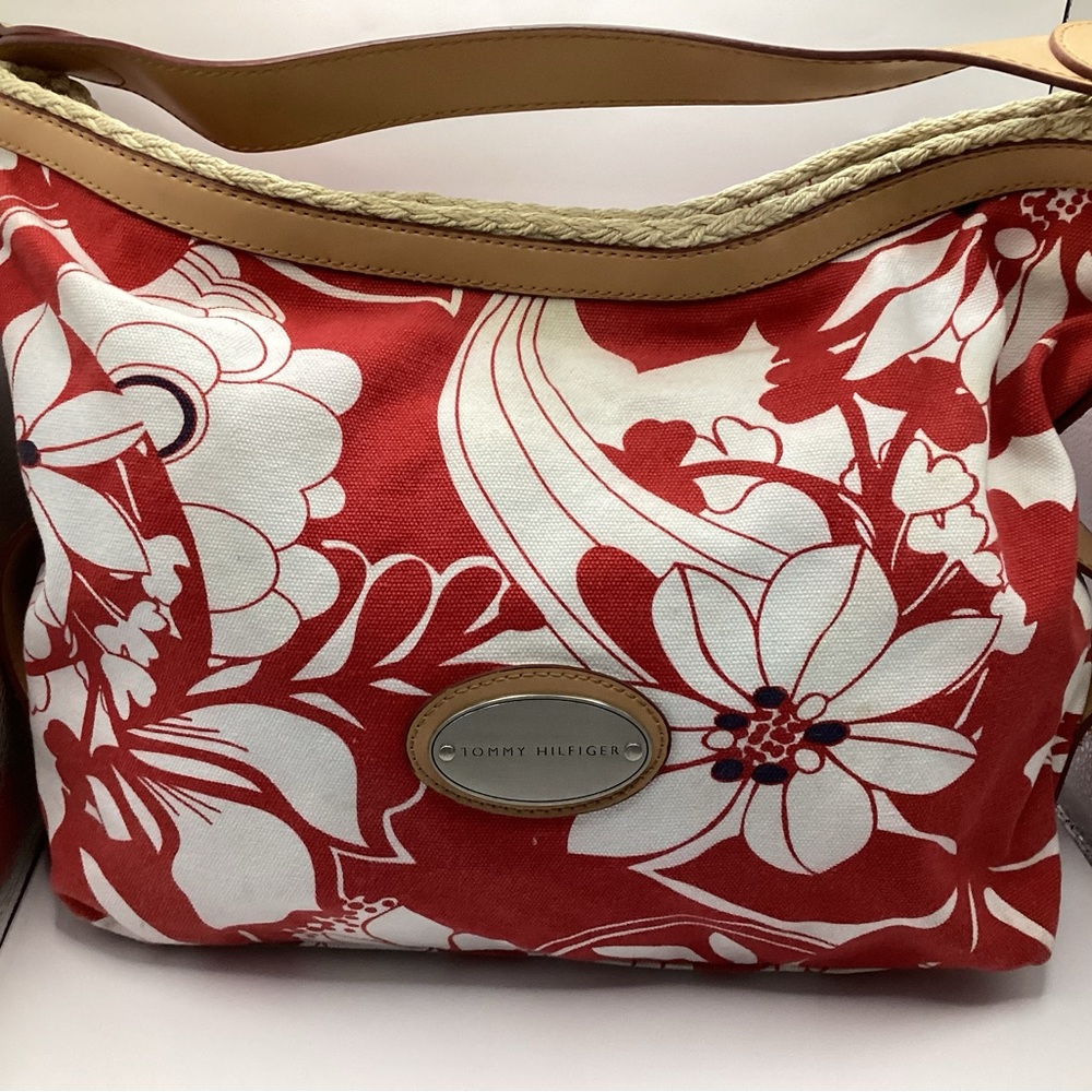 Tommy Hilfiger Women's red / white tropical print canvas / leather hobo handbag